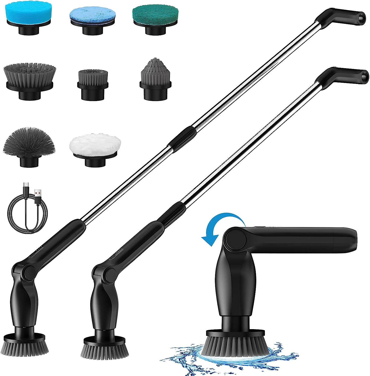 Swtroom Electric Spin Scrubber, Cordless Power Brush Floor Scrubber with Adjustable Extension Arm and 4 Replaceable Bathroom Cleaning BR