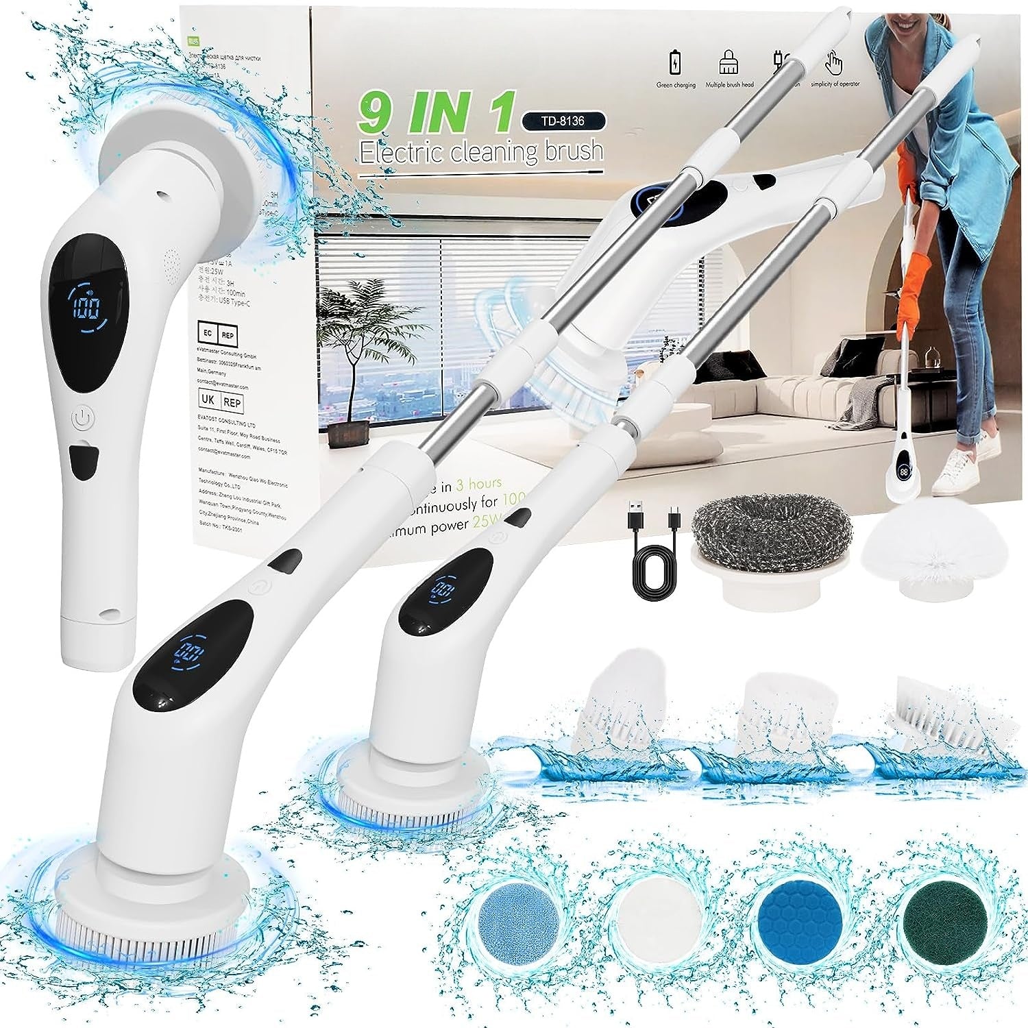 Leebein Electric Spin Scrubber, Cordless Cleaning Brush with 8 Replaceable  Brush Heads, Adjustable Extension Handle, 2 Speeds & Remote Control,Power Cleaning  Brush for Bathroom