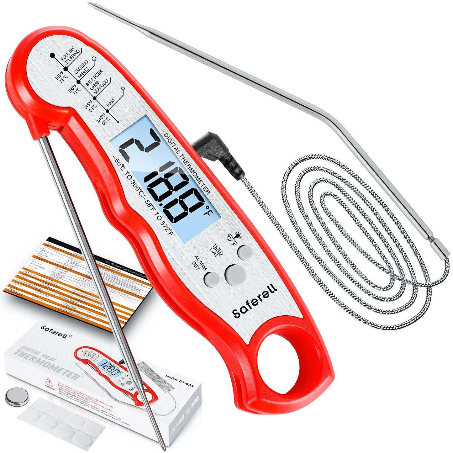 MEIDONG 2-en-1 Thermomètre Instant Read Food avec sonde pliable et sonde en toute sécurité sur le thermomètre à viande pour la cuiss