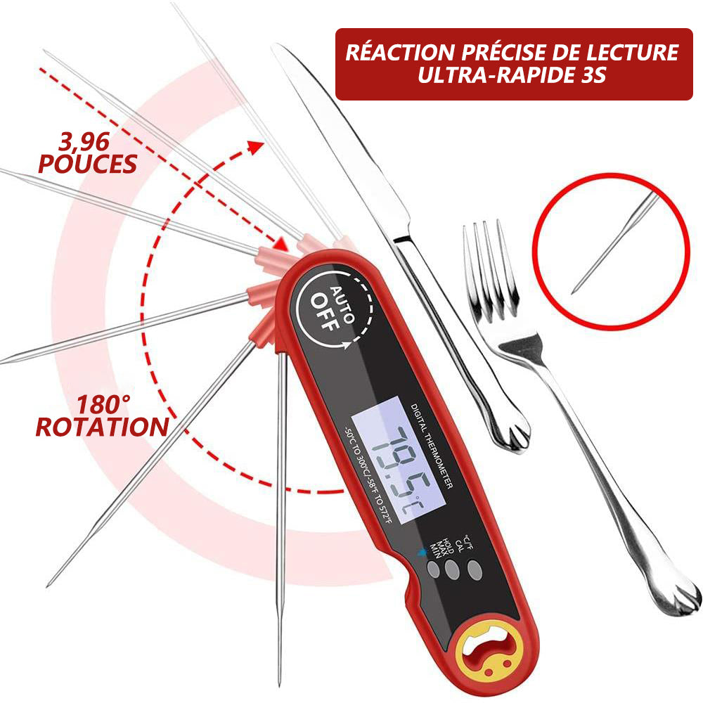 MEIDONG Thermomètre Cuisine Digital - Sonde de Temperature Pliable - Avec Écran LED RétroÉclairage - Thermomètre Cuisson pour Viande