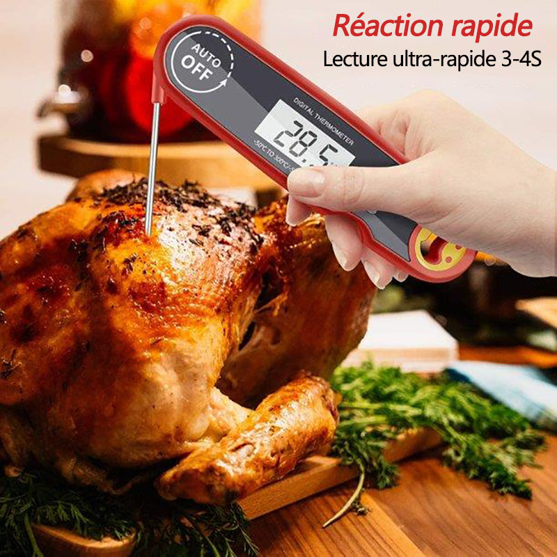 MEIDONG Thermomètre Cuisine Digital - Sonde de Temperature Pliable - Avec Écran LED RétroÉclairage - Thermomètre Cuisson pour Viande