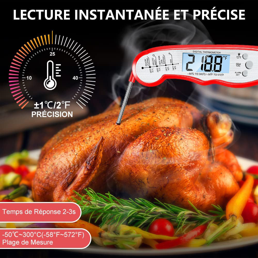 MEIDONG 2-en-1 Thermomètre Instant Read Food avec sonde pliable et sonde en toute sécurité sur le thermomètre à viande pour la cuiss