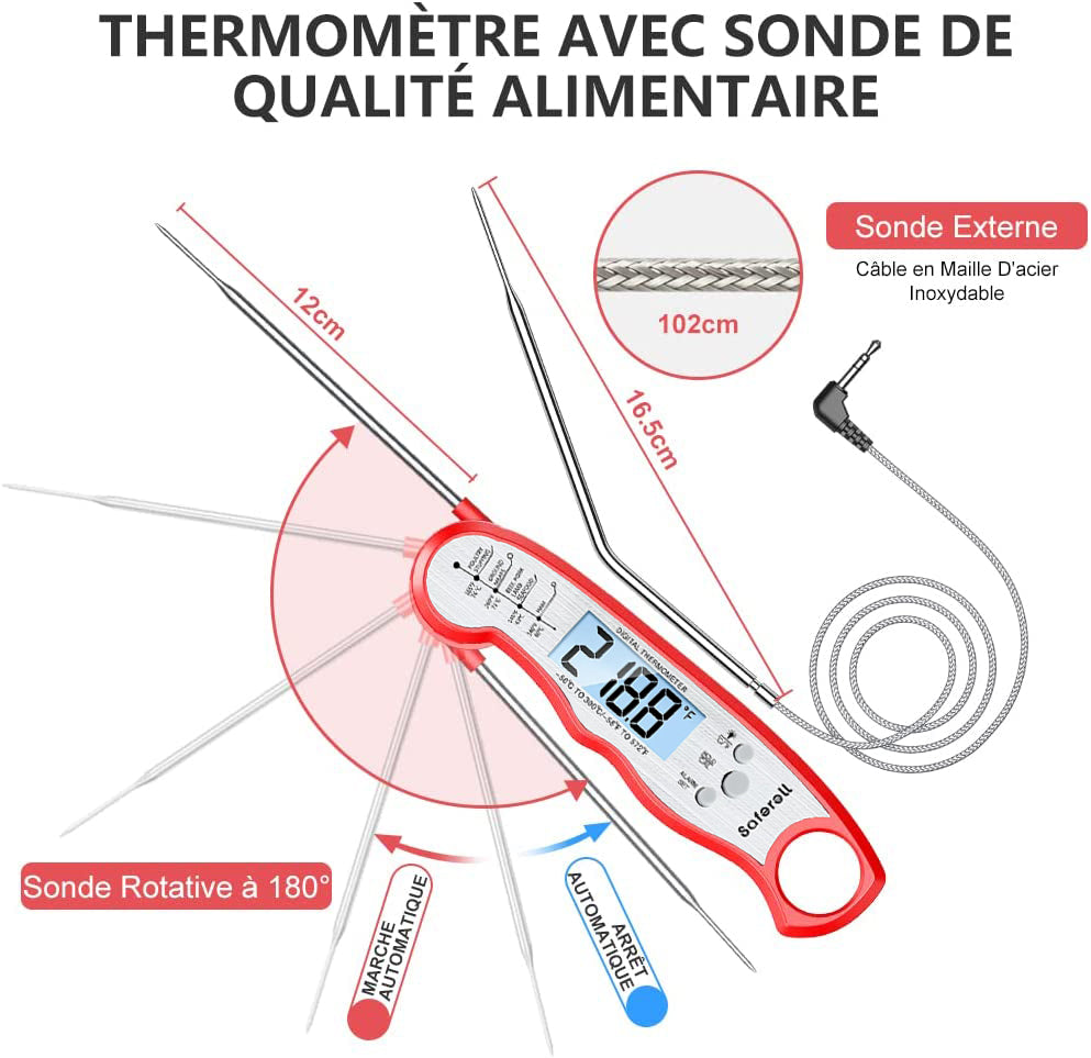 MEIDONG 2-en-1 Thermomètre Instant Read Food avec sonde pliable et sonde en toute sécurité sur le thermomètre à viande pour la cuiss