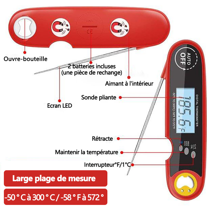 MEIDONG Thermomètre Cuisine Digital - Sonde de Temperature Pliable - Avec Écran LED RétroÉclairage - Thermomètre Cuisson pour Viande