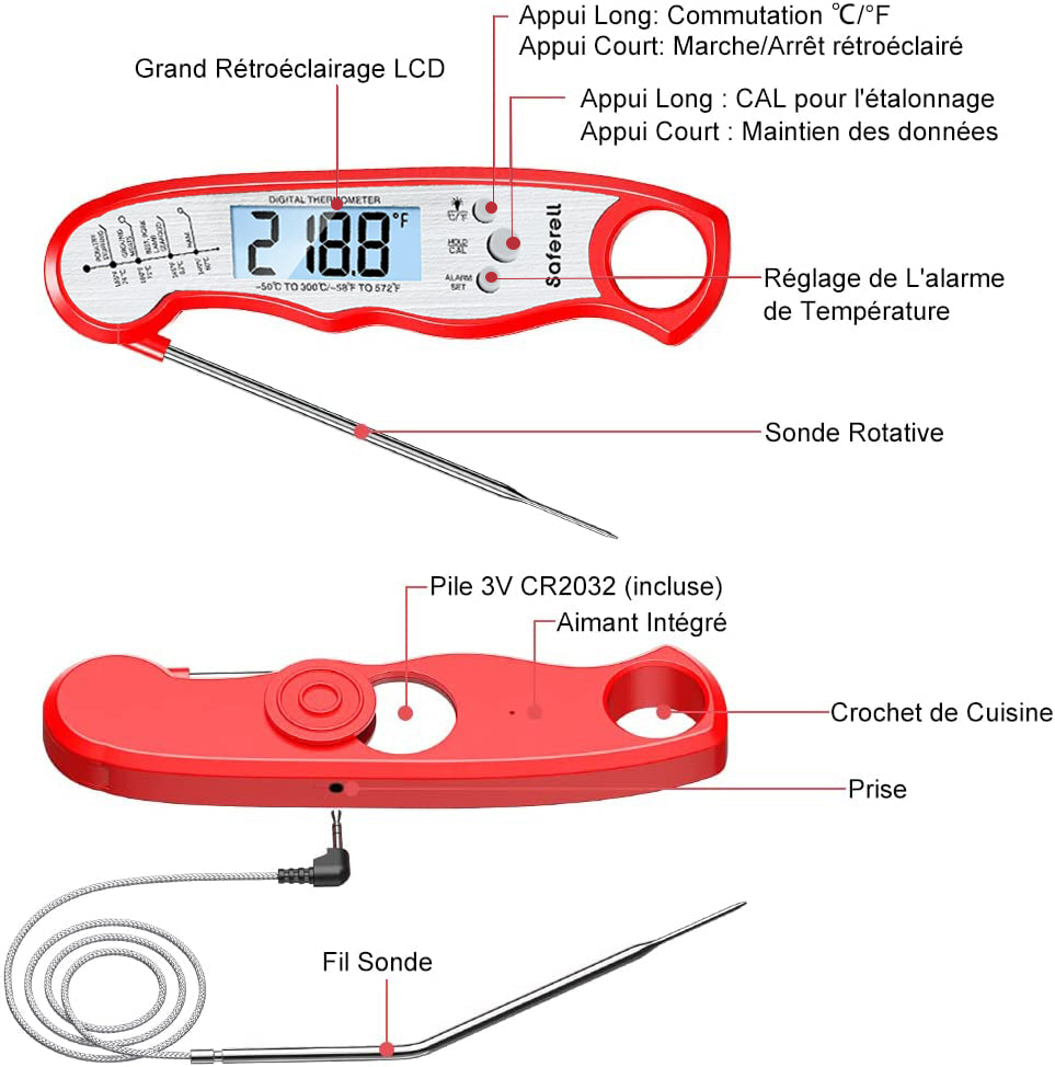 MEIDONG 2-en-1 Thermomètre Instant Read Food avec sonde pliable et sonde en toute sécurité sur le thermomètre à viande pour la cuiss